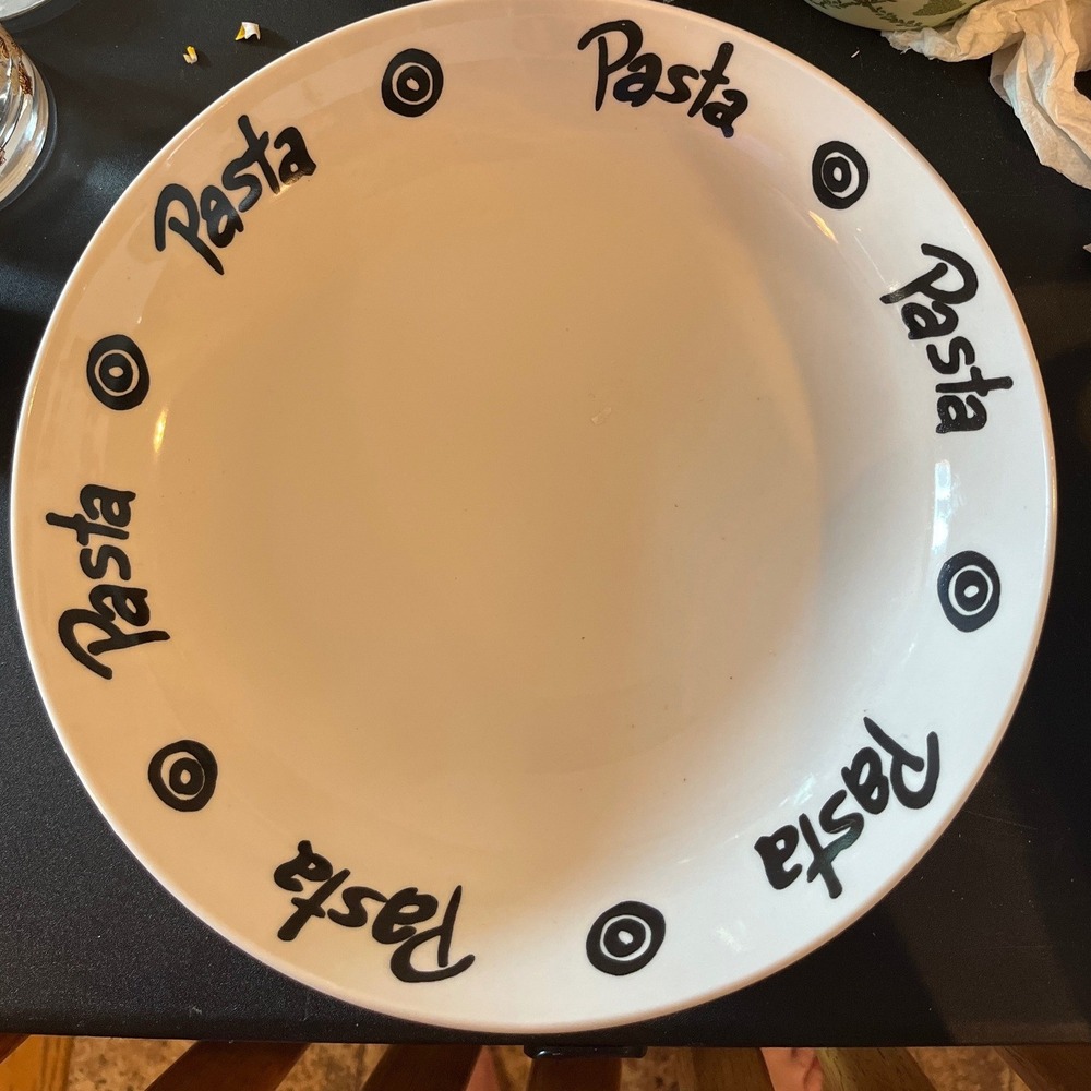 White Ceramic Pasta Bowl‎ Black Typography Rim 11 Inch Round Bistro Serving Dish